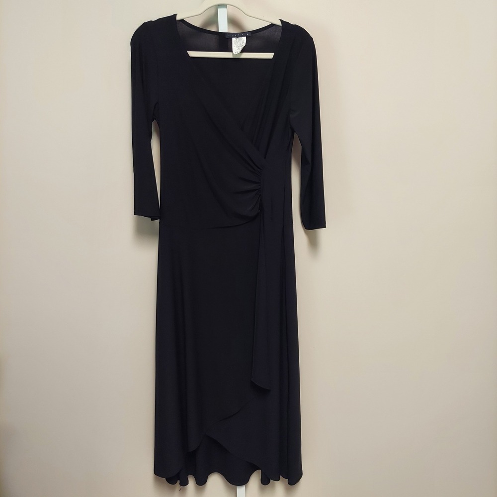 Tiana B Women Black Faux Wrap Midi Dress Ruched 3/4 Sleeve S LBD Minimal Classic